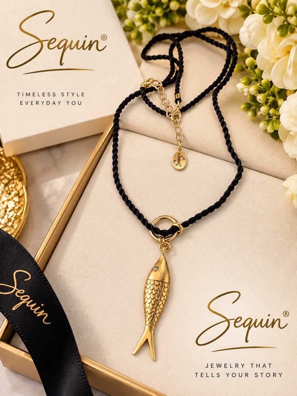 Black Rope Necklace with Gold Fish Pendant
